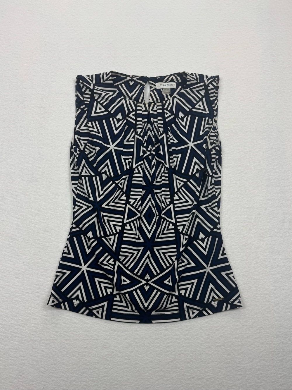 Calvin Klein Geometric Pleated Sleeveless Top XS Navy Black White Blouse